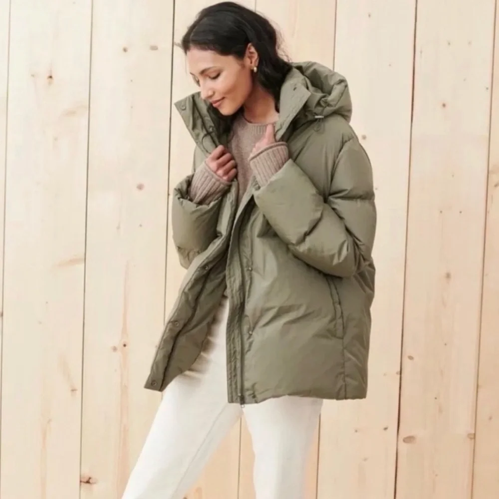 Jenni Kayne Olive Green Puffer Coat Jacket Down Filled Quilted Mid Length: XS - Picture 1 of 15